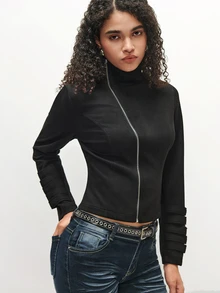 TRNVIE Women's New Long Sleeve Napoleon Style Asymmetric Zipper Design Metal Button Decor Stand Collar Jacket Slim Fit Waist Retro Shoulder Jacket Suitable For Spring Autumn Winter Wear - Black - View 1