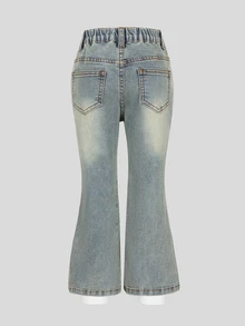 SHEIN Girls' Vintage Washed Flared Jeans, Elastic Waistband, Frayed Cross Patchwork Decor, Retro Distressed Loose Flare Denim Pants, Suitable For Toddlers, Street Style, Perfect For Girls' Daily Play And Casual Occasions In Spring And Autumn - Blue - View 2