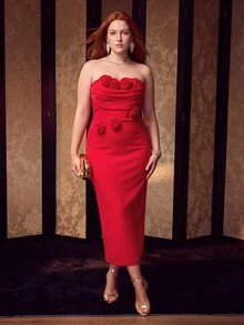 MOTF Soiréza PLUS SIZE WOMEN'S STRAPLESS 3D FLORAL ELEGANT EVENING DRESS - Red - View 4
