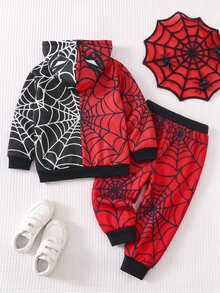 SHEIN Young Boy Autumn/Winter Red & Black Contrast Spider Pattern Hooded Zip-Up Sweatshirt, Suitable For Autumn/Winter, Outings, School, Kindergarten, Christmas, New Year, Gift - Multicolor - View 2