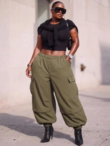 Slaydiva Plus Size Convertible Cargo Parachute Pants, Detachable Leg MultiPocket Baggy Streetwear Trousers - Army Green - View 8