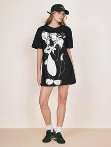 LOONEY TUNES X SHEIN Women's Cartoon Print Short Sleeve Casual Short Dress LOONEY TUNES - Black - View 5