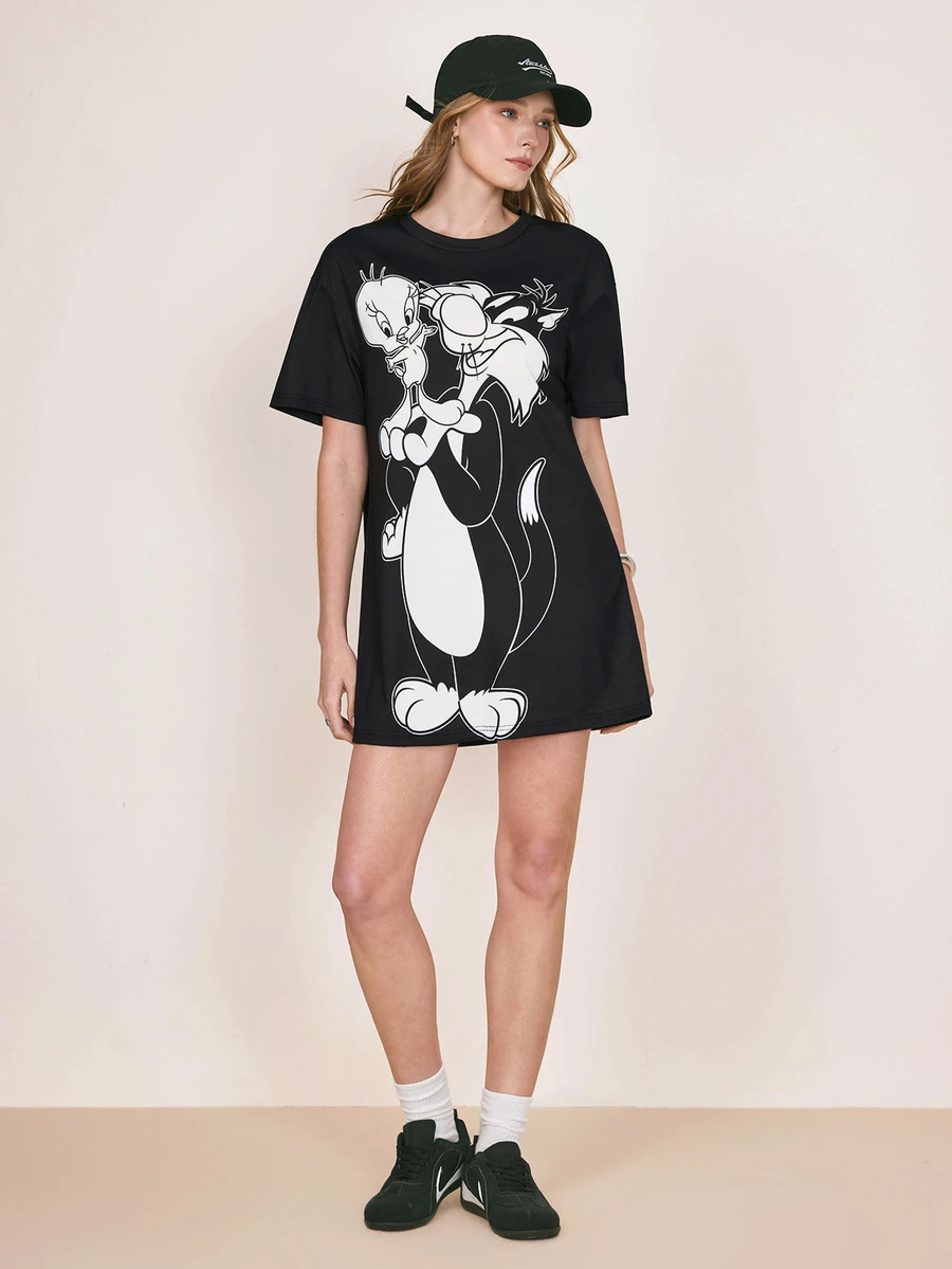 LOONEY TUNES X SHEIN 女款 LOONEY TUNES 卡通印花短袖休閒短洋裝 - 黑色 - 查看 1