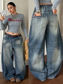Dazy Plus Street Casual Distressed Vintage Washed Low Waist Blogger Style Long Denim Jeans Spring Autumn New - Blue - View 9