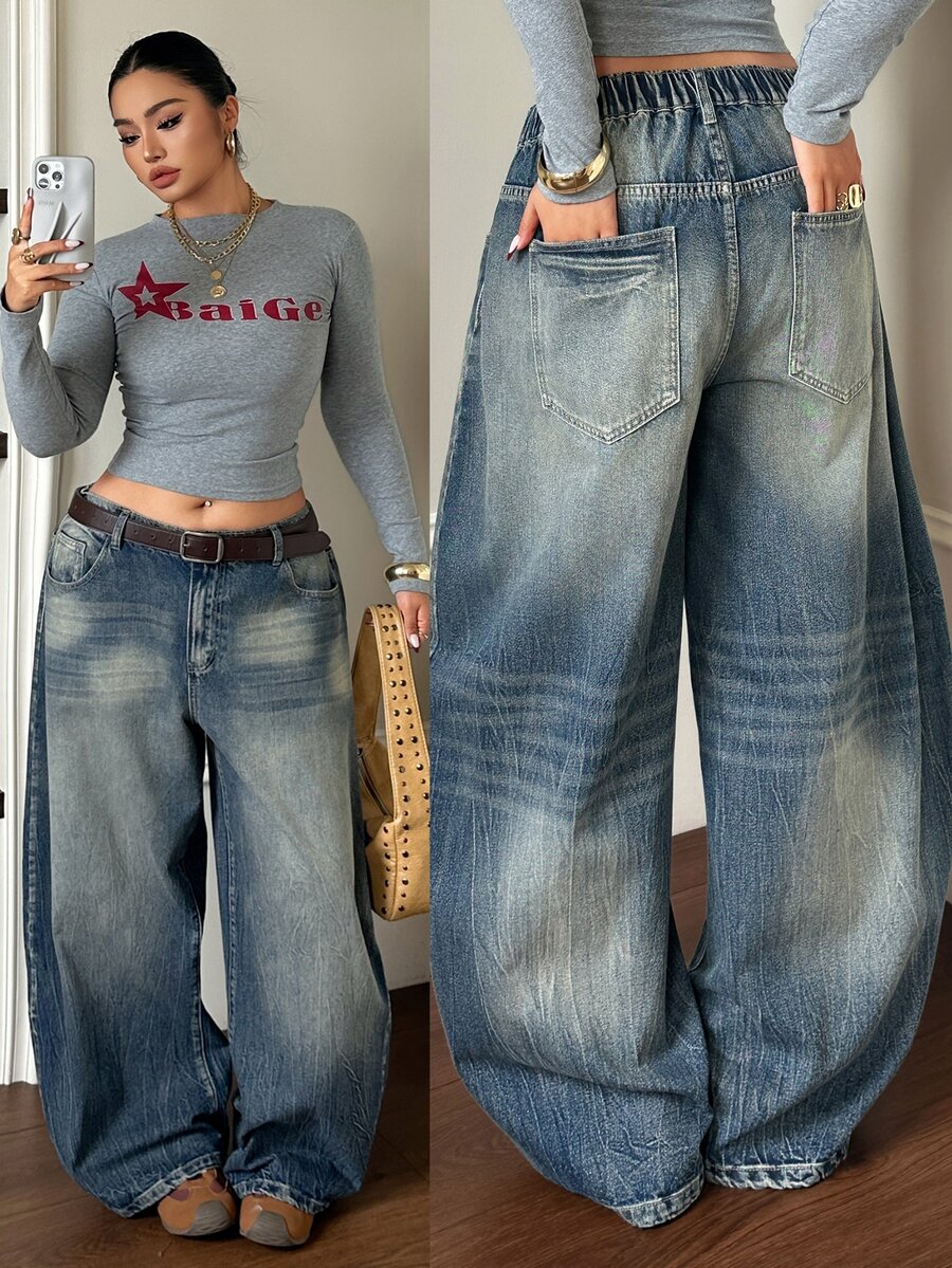Dazy Plus Street Casual Distressed Vintage Washed Low Waist Blogger Style Long Denim Jeans Spring Autumn New - Blue - View 1