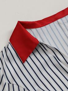 Elenzga Elegant Contrast Red Collar Striped Peplum Shirt Long Flare Sleeve ButtonUp Blouse - Multicolor - View 7