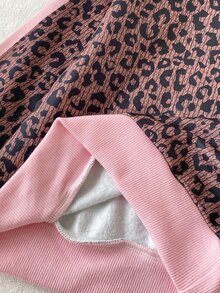SHEIN Playful Pals 2件組幼女運動休閒套裝，可愛棕色粉色豹紋半拉鍊馬匹條紋長袖小立領休閒褲，適合戶外秋季慢跑運動 - 巧克力棕 - 查看 4