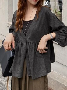 FRIFUL Women's Solid Color Drop Shoulder Long Sleeve Single Button Casual Shirt - Grey - View 1