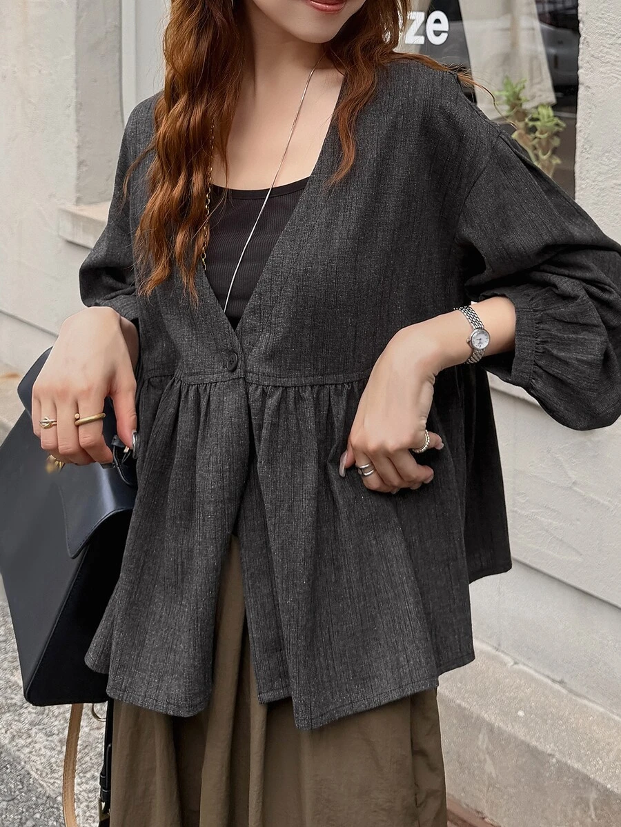 FRIFUL Women's Solid Color Drop Shoulder Long Sleeve Single Button Casual Shirt - Grey - View 1