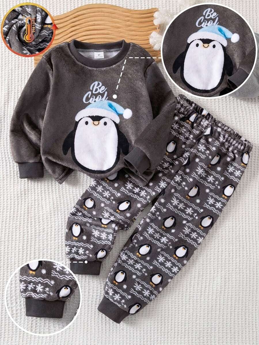 2件組男童幼兒圓領藍色雪花企鵝圖案長袖上衣與長褲舒適毛絨秋冬睡衣聖誕假期休閒款 - 灰色 - 查看 1