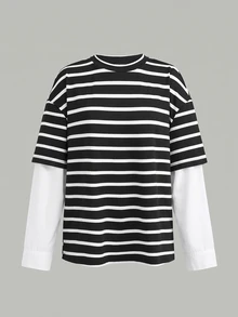SHEIN 青少年女孩春/秋休閒街頭風拼色條紋圓領寬鬆長袖上衣，黑色上衣 - 黑與白 - 查看 5