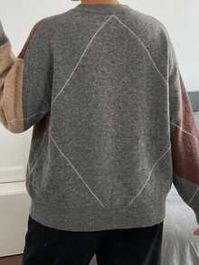 Dazy Plus Áo len chui đầu cổ tròn casual phối màu nâu patchwork họa tiết lưới kim cương, phong cách đi làm mùa thu/đông mới - màu nâu - Xem 2