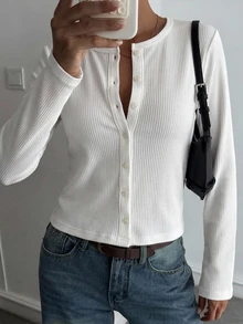 Livesso Women's Solid Color Long Sleeve Single-Breasted Casual Ribbed T-Shirt - White - View 4