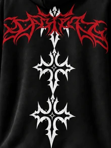 Manfinity EMRG Men's Black Hoodie With Red And White Contrasting Gothic Cross Print On The Back, Loose Drop-Shoulde - Black - View 6