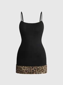 ROMWE Millennium Y2K Leopard Print Faux Fur Collar Cropped Knit Cardigan & Slim Fit Waist-Cinching Dress Plus Size 2 Pieces Set For Party And Birthday - Black - View 15