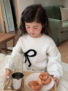 Dazy Kids Sweater Leher Bulat Lengan Lentera Tanpa Bahu dengan Hiasan Pita untuk Anak Perempuan - Krem - View 2