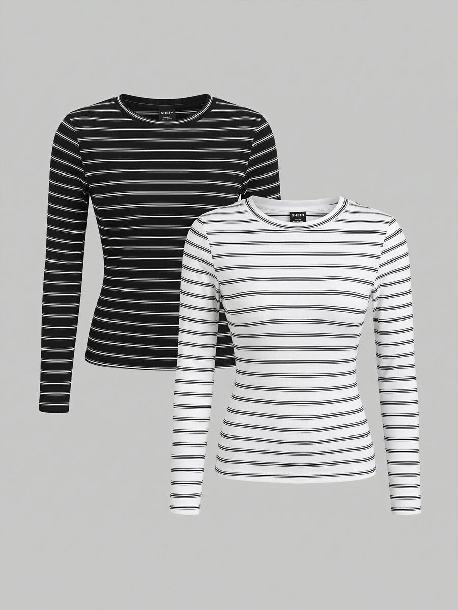SHEIN EZwear 2件組女款條紋圓領長袖休閒T恤 - 彩色 - 查看 1