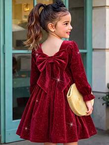 SHEIN Elladie kids 女童 1 件 BialaSuknia 春/秋新款海灘週末生日套裝，方領長袖波點印花，後背小 V 設計，3D 可拆卸大蝴蝶結，大裙擺附側邊荷葉邊，極簡百搭海灘風 - 酒紅色 - 查看 3