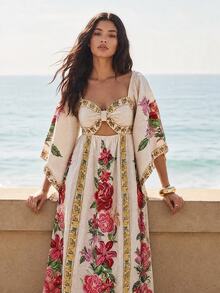 CAJUNI Tropical Vacation Cute Romantic Boho Flowers Long Dress - Multicolor - View 3