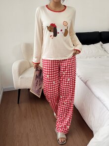 Napfluff Cute Dachshund Print Long Sleeve Pajamas For Women, Red Plaid Contrast Lace Trim Loungewear Set - Multicolor - View 2