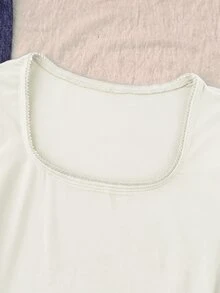 SHEIN 青少年女孩 T-Shirt，領口彈性修身款－百搭極簡長袖 T-Shirt，舒適穿著 - 杏色 - 查看 7