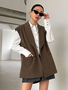 DAZY Women's Solid Color Casual Versatile Daily Wear Blazer Vest - Brown - View 1