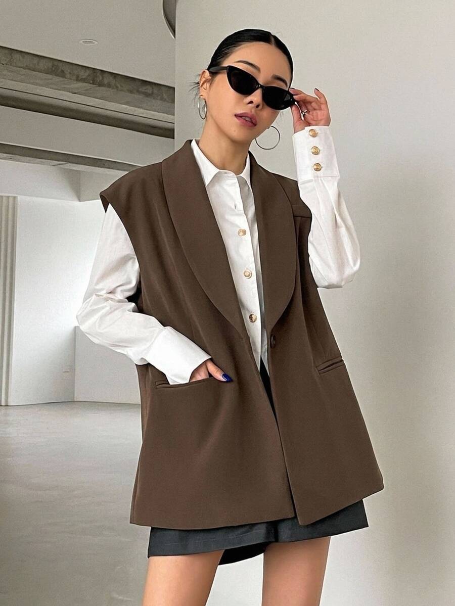 DAZY Women's Solid Color Casual Versatile Daily Wear Blazer Vest - Brown - View 1
