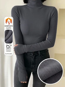 DAZY 女款純色長袖高領彈性抓絨T恤，秋冬學院風上衣 - 深灰色 - 查看 1