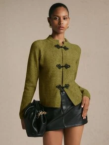 Poéselle Áo cardigan nữ cổ tròn cài nút thắt kiểu Trung Quốc, phong cách Trung Hoa, trang phục đi brunch, đồ công sở, áo basic thanh lịch, thường ngày, thu/đông - xanh quân đội - Xem 6