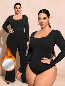 SHEIN SXY 黑色保暖內裡方領長袖修身連身衣 - 黑色 - 查看 3