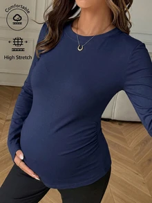 Dazy Maternity 純色修身圓領長袖休閒柔軟度假韓風春秋孕婦T恤 正式拍照用 白色 - 藏蓝色 - 查看 3