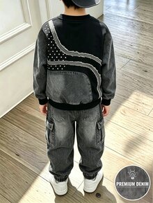 2件組小男孩時尚簡約舒適圓領衛衣與工裝褲套裝，簡約酷感英文字母滿版印花設計，適合假期派對聚會，休閒舒適，小男孩春夏秋冬首選時尚休閒穿搭，春夏秋冬街頭風，外出休閒穿搭，返校派對 - 黑色 - 查看 2