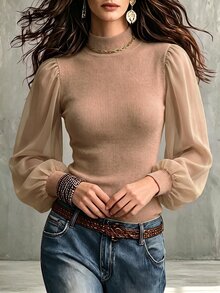 Wandoria French Style Semi-High Neck Ribbed Knit Body With Chiffon Patchwork Puff Long Sleeve Slim Fit Flattering Commuter Elegant Base Layer Top - Khaki - View 3