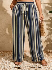EMERY ROSE CURVE Navy Blue Vertical Striped Wide Leg Vacation Style Casual Plus Size Pants - Royal Blue - View 3