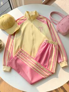 SHEIN 兒童青少年女孩休閒新款秋冬時尚粉色與黃色拼色拼接織帶條紋長袖拉鍊外套與長褲2件套，返校季秋冬服飾開襟外套套裝 - 彩色 - 查看 1