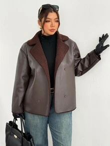 Firerie Plus Size Button Faux Fur & PU Material Patchwork Jacket - Brown - View 1
