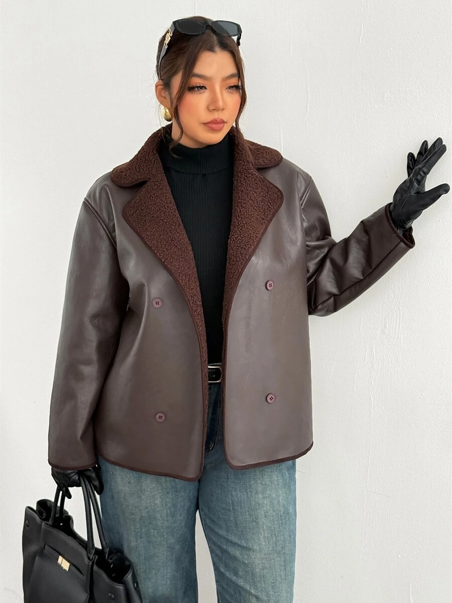 Firerie Plus Size Button Faux Fur & PU Material Patchwork Jacket - Brown - View 1
