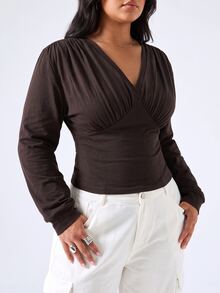 LYSMO Brun långärmad T-shirt för kvinnor i plus size, höst/vinter - Brun - Visa 4