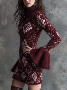 SHEIN Vintage Burgundy Plush Knit Mini Dress, High Neck, Large Bell Sleeves, Snowflake Jacquard, Fitted Party Dress - Burgundy - View 3