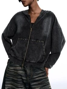 LYSMO Women's Fashion Punk Street Style Rivet Decor Zipper Front Drop Shoulder Loose Washed Sweatshirt - Black - View 3