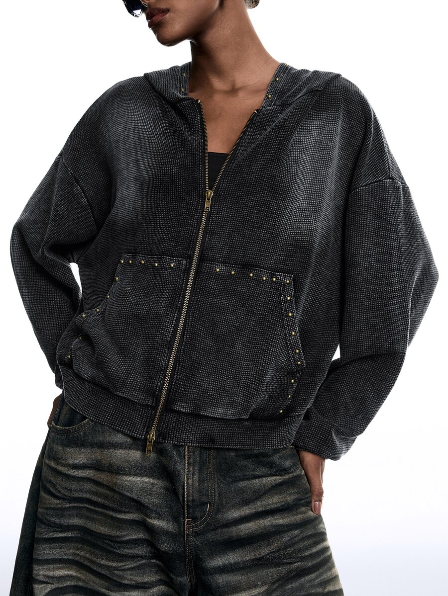 LYSMO Women's Fashion Punk Street Style Rivet Decor Zipper Front Drop Shoulder Loose Washed Sweatshirt - Black - View 1