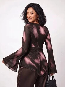 Enliva 大尺碼女款秋季前綁帶喇叭袖紮染上衣 - 酒紅色 - 查看 2