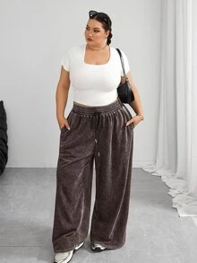 SHEIN CURVE+ 大尺碼黑色直筒寬鬆休閒長褲，紋理羊毛，2026秋冬 22W - 棕色 - 查看 6
