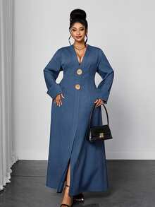 Maweii Plus Size Women's Casual Commute V-Neck Long Sleeve Large Button Decor Cinched Waist Dress Fall - Blue - View 2