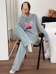 Napfluff Cherry Embroidered Comfortable Warm Plush Women's Long Sleeve Long Pants Pajama Set - Blue - View 5