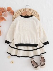 SHEIN 女嬰針織拼色圓領休閒衛衣與裙子兩件套 - 米色 - 查看 2
