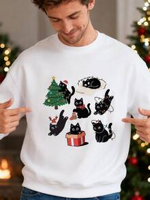 Sorvial White Standard Size Men's Loose Drop Shoulder Thick Pullover Sweatshirt, Christmas Sweatshirt, Suitable As Gift For Friends/Husband - White - View 1