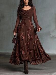 Solivie Women's Autumn Mesh Patchwork Jacquard Burgundy Dress, Party & Gathering Outfit - Coffee - View 3