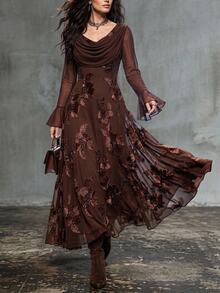 Solivie Women's Autumn Mesh Patchwork Jacquard Burgundy Dress, Party & Gathering Outfit - Coffee - View 5