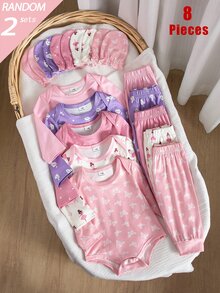 盲盒隨機 5 件 2 套組 秋冬薄款新生女嬰居家服 波點蝴蝶結愛心數位印花純色對比長袖連身衣手套 多功能組合包 簡約休閒百搭必備睡衣家居服 - 彩色 - 查看 1